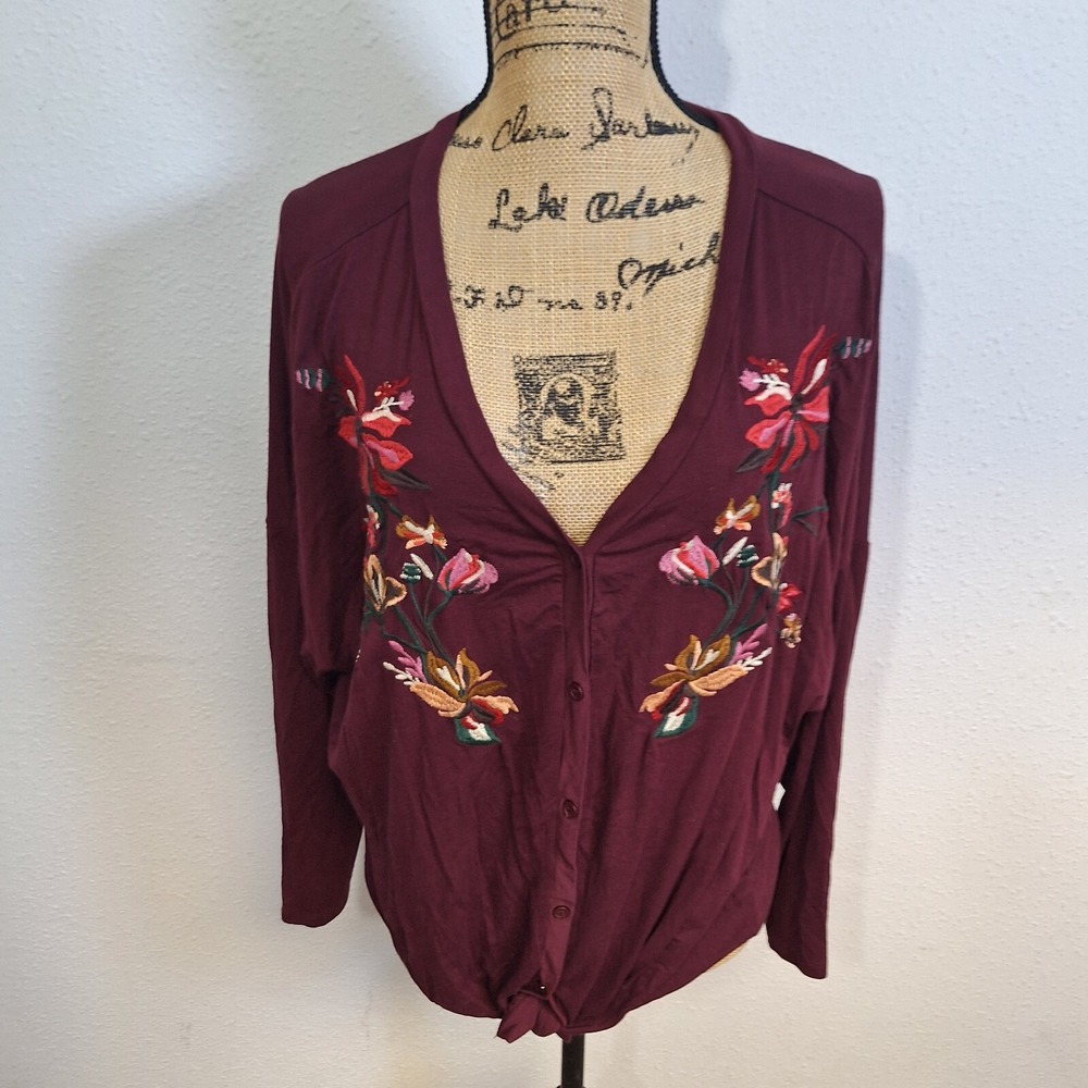 Jodifl Size S Cardigan Button Blouse Burgundy Floral Embroidered Tie Hem Front